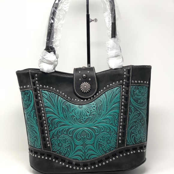 Montana West Handbags - Trinity Ranch Tooled Leather Collection Tote Black
